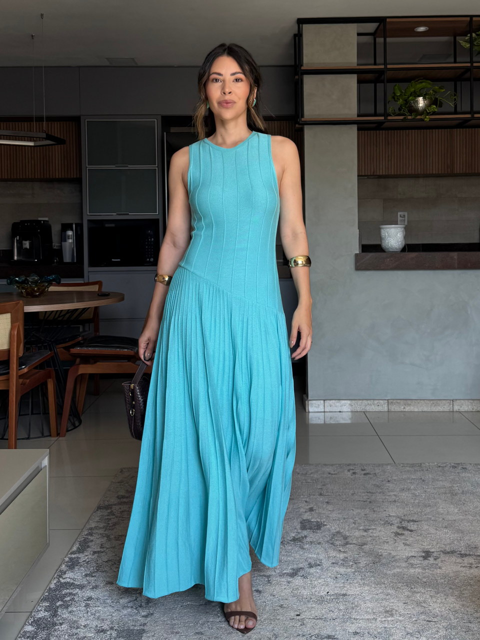 Vestido tricô midi Laís turquesa — Vestidos Malê