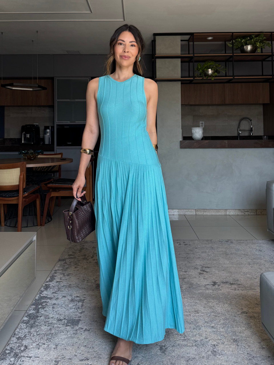 Vestido tricô midi Laís turquesa — Vestidos Malê