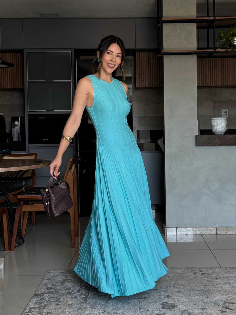 Vestido tricô midi Laís turquesa — Vestidos Malê