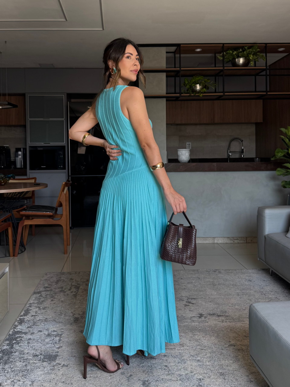 Vestido tricô midi Laís turquesa — Vestidos Malê