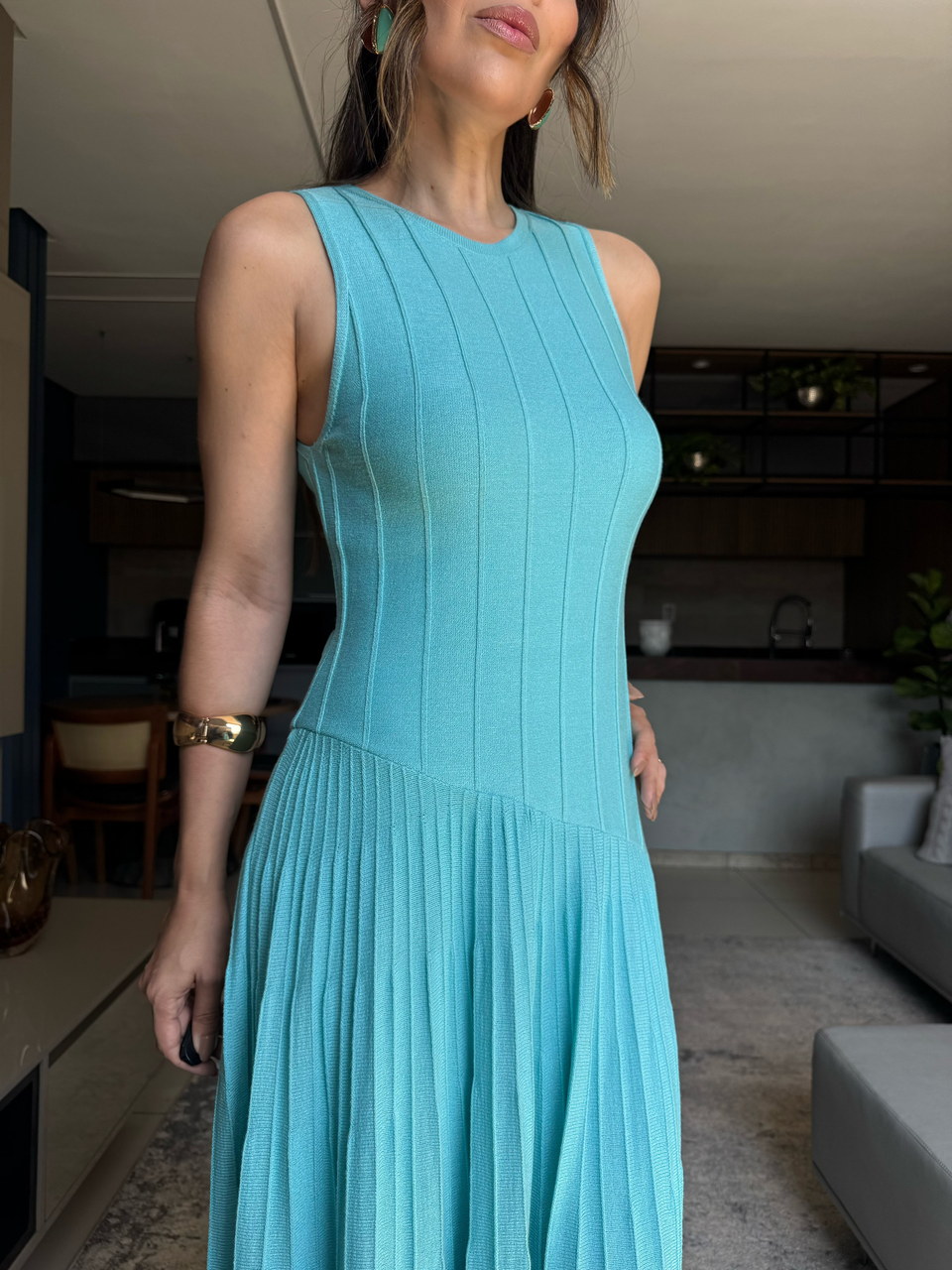 Vestido tricô midi Laís turquesa — Vestidos Malê